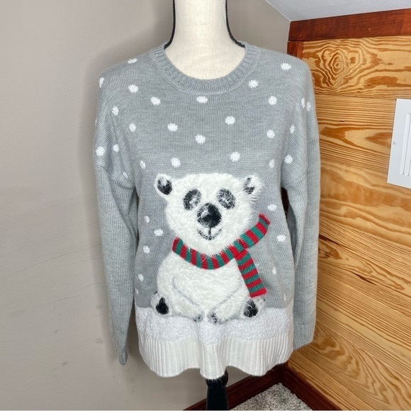 Holiday Time Sweaters - Holiday Time Grey White Polka Dot Polar Bear Snow Christmas Ugly Sweater Medium